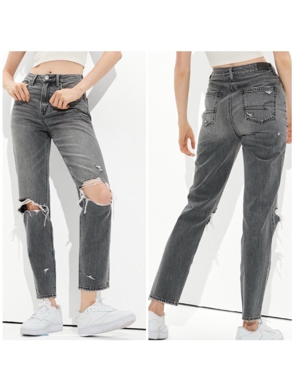 American Eagle Highest Rise Distressed Mom Jeans in Grey